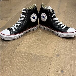 Converse Black and White Leather Wedge High-Tops with Red Trim. Never worn.